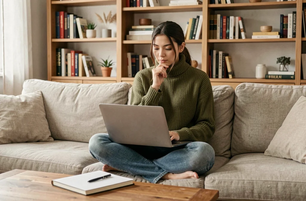 Jeune femme freelance créant un devis en ligne depuis son salon en télétravail