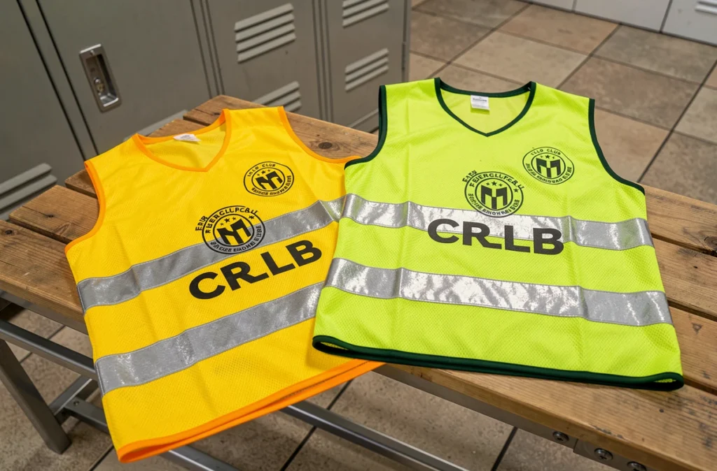 Deux gilets de sécurité personnalisés pour club de sport posés sur un banc de vestiaire, logo imprimé et bandes réfléchissantes visibles
