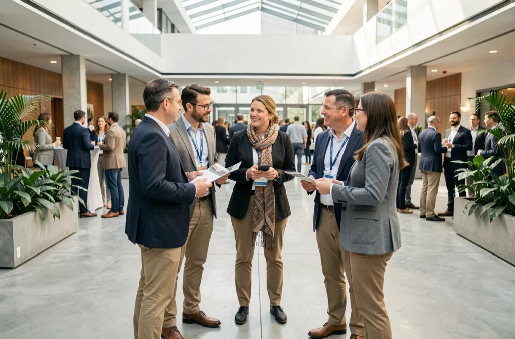 Groupe de dirigeants de PME en discussion lors d'un événement de networking B2B dans un centre d'affaires moderne