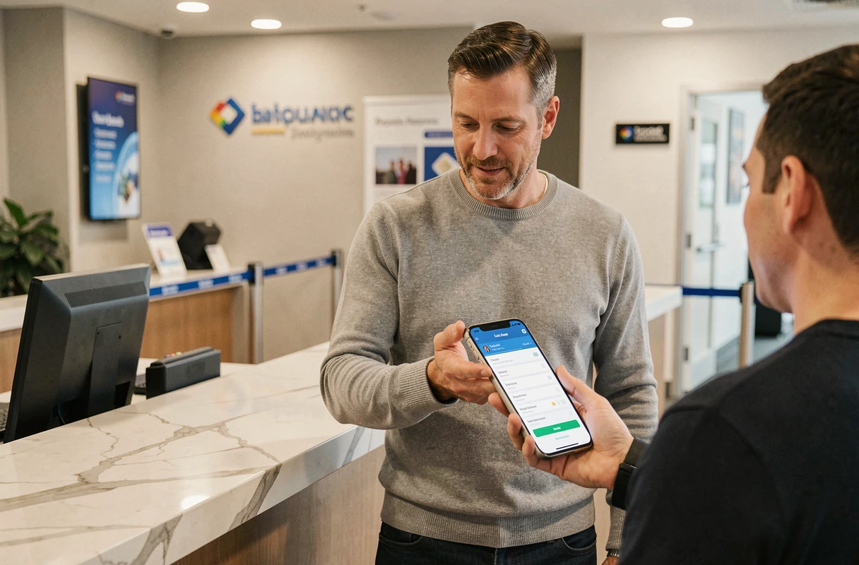 Homme utilisant une application mobile de transfert d'argent international dans une agence de services financiers