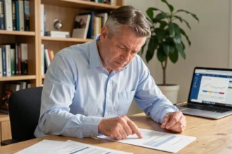 Homme consultant son relevé bancaire à son bureau et cherchant à comprendre un prélèvement DGFiP B2B