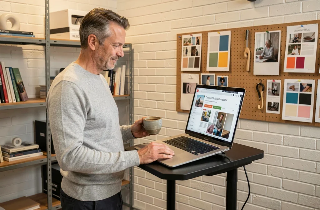 Homme consultant une plateforme éditoriale numérique pour identifier les tendances web dans un espace de travail créatif