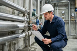 Ingénieur industriel inspectant des tubes inox de différents diamètres dans une installation de traitement de l'eau, avec vannes et manomètres visibles