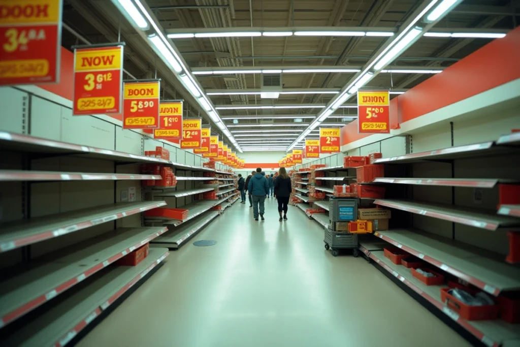 Intérieur d'un magasin GiFi en liquidation avec rayons à moitié vides et affiches de soldes exceptionnelles