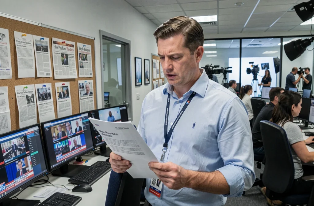 Journaliste de télévision dans une salle de rédaction consultant des documents de relations presse avec des écrans d'actualités en arrière-plan
