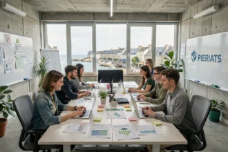 Vue d'ensemble d'une agence de marketing digital moderne en Bretagne avec des professionnels travaillant en open-space