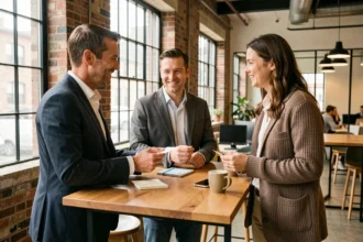 Trois professionnels en PME échangeant des cartes de visite lors d'un événement de networking B2B dans un espace de coworking moderne