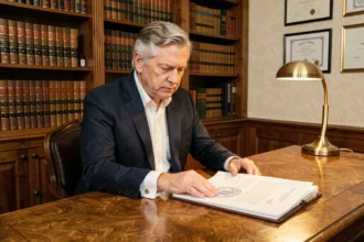 Notaire en costume sombre examinant des actes officiels avec un sceau notarial embossé sur son bureau en chêne ancien