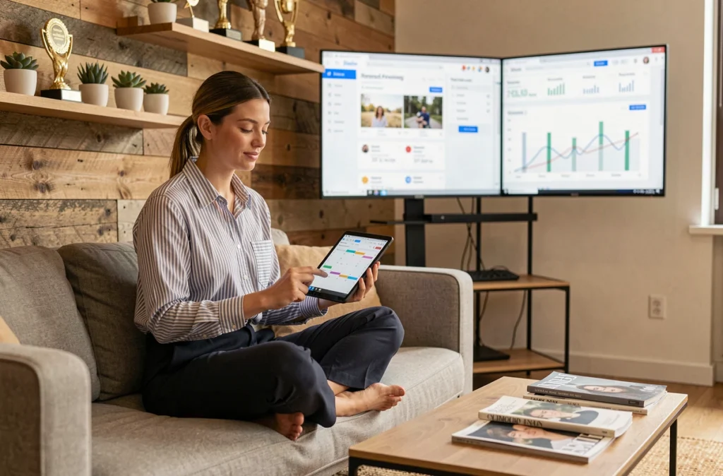 Stratège digitale de l'agence Perceptible consultant un calendrier de contenu sur tablette dans un espace créatif moderne