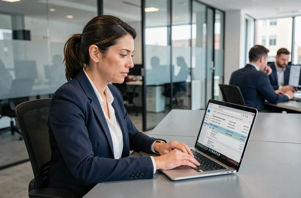 Professionnelle analysant des documents de virement international sur ordinateur dans un bureau moderne de services financiers