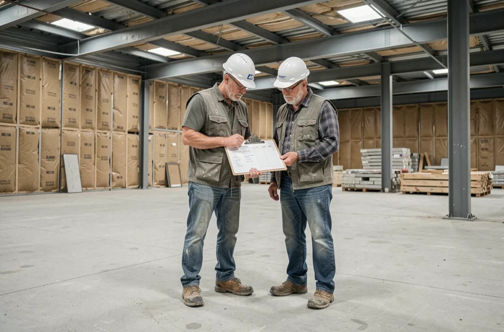 Deux professionnels du BTP comparant des documents de budget et de prix sur un chantier de construction intérieur