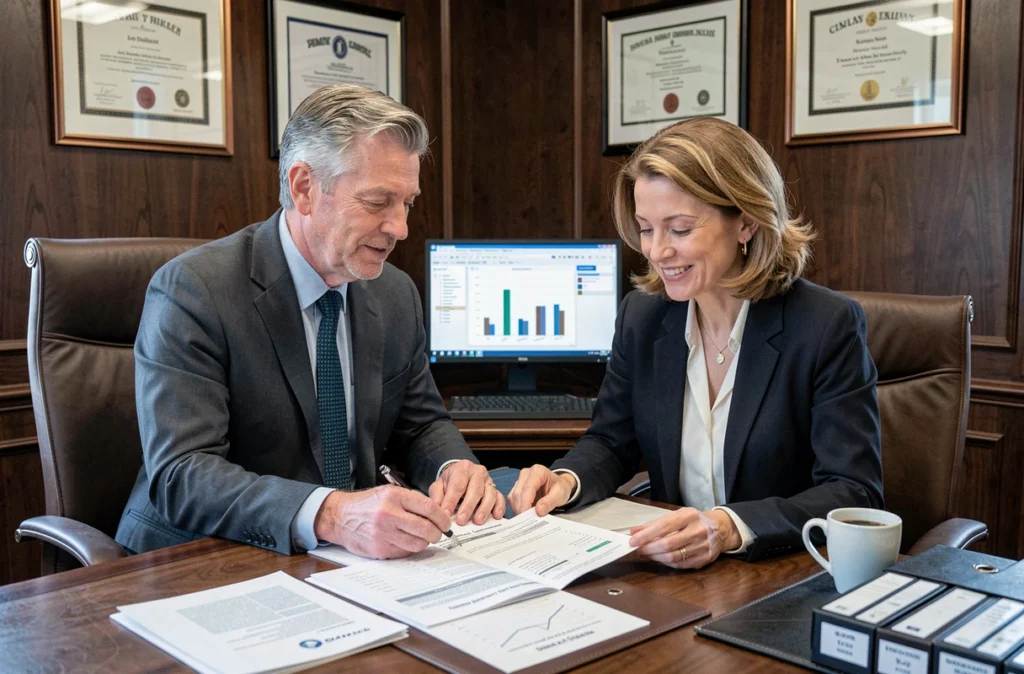 Deux professionnels de la finance indépendante examinant un rapport de conformité réglementaire CIF