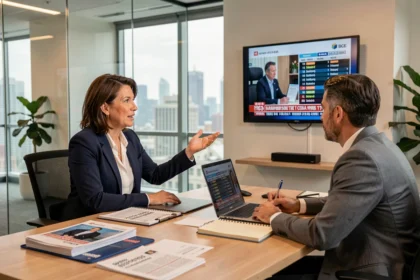 Professionnelle des relations presse et TV en réunion dans une agence de communication moderne avec documents et écran de diffusion