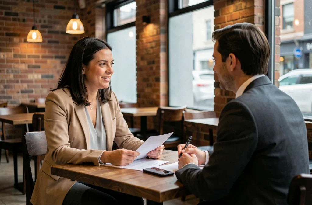 Femme professionnelle discutant d'une commission d'apporteur d'affaires avec un client dans un café urbain moderne, contexte de partenariat commercial
