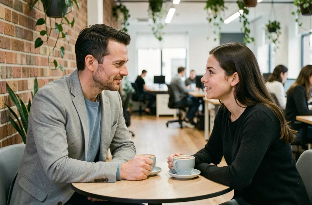 Manager bienveillant en discussion informelle avec une collaboratrice dans un espace de travail ouvert et convivial