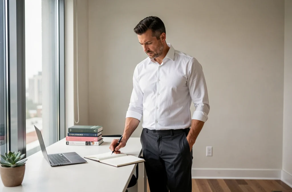 Dirigeant concentré prenant des notes dans un bureau épuré et minimaliste, illustrant une approche de leadership réfléchie et méthodique
