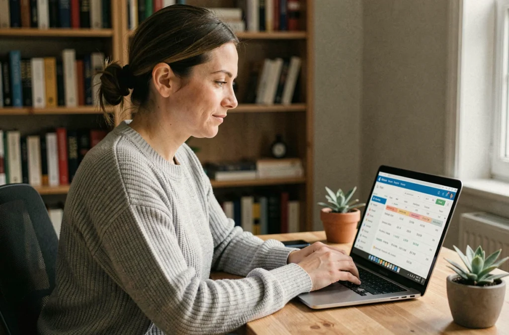 Femme en télétravail consultant ses horaires sur un logiciel de gestion du temps comme Octime depuis son bureau à domicile