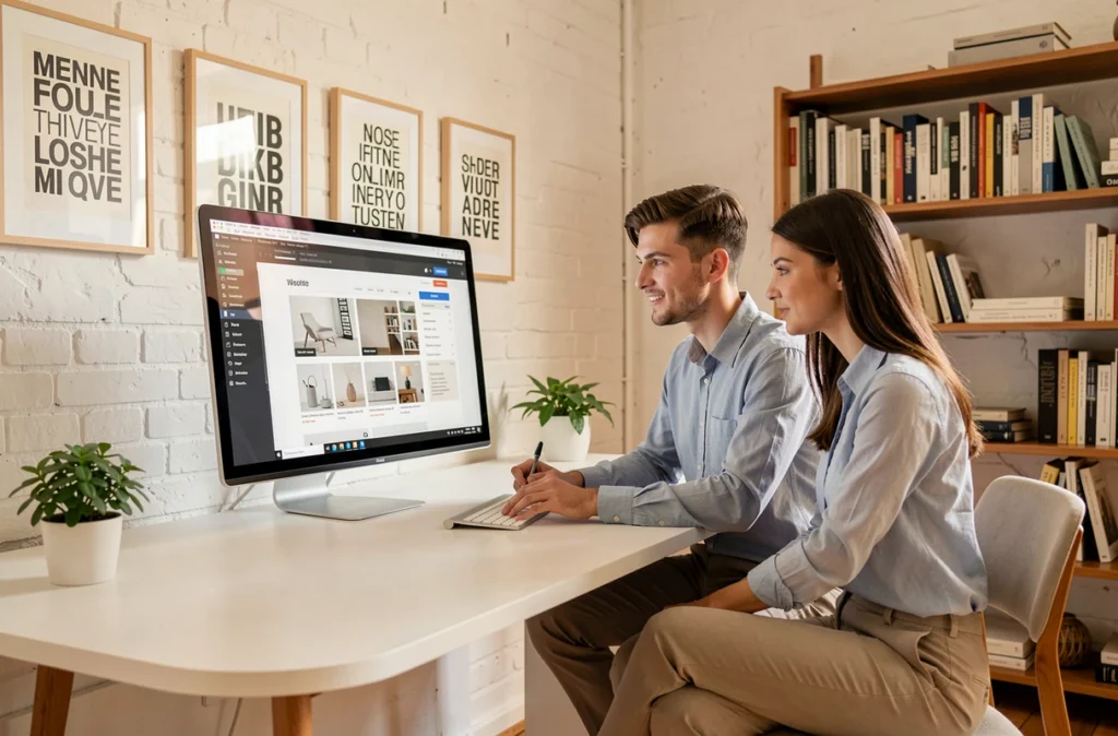 Deux collaborateurs de l'agence Tiz à Strasbourg travaillant sur une campagne digitale devant un écran tactile