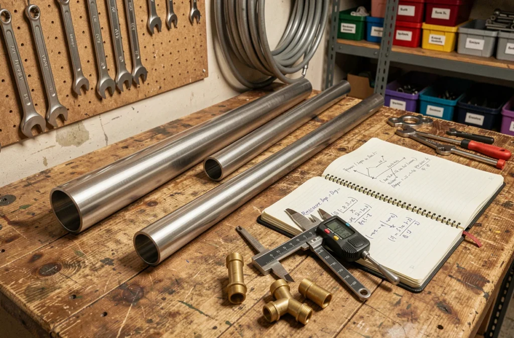 Trois tubes inox de diamètres différents posés sur un établi avec un pied à coulisse et des calculs de débit manuscrits dans un atelier de plomberie industrielle