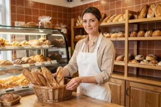 Vendeuse en boulangerie souriante derrière le comptoir arrangeant des baguettes fraîches dans un panier en osier