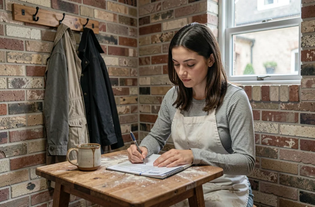 Vendeuse en boulangerie consultant sa fiche de paie pendant sa pause dans l'arrière-boutique