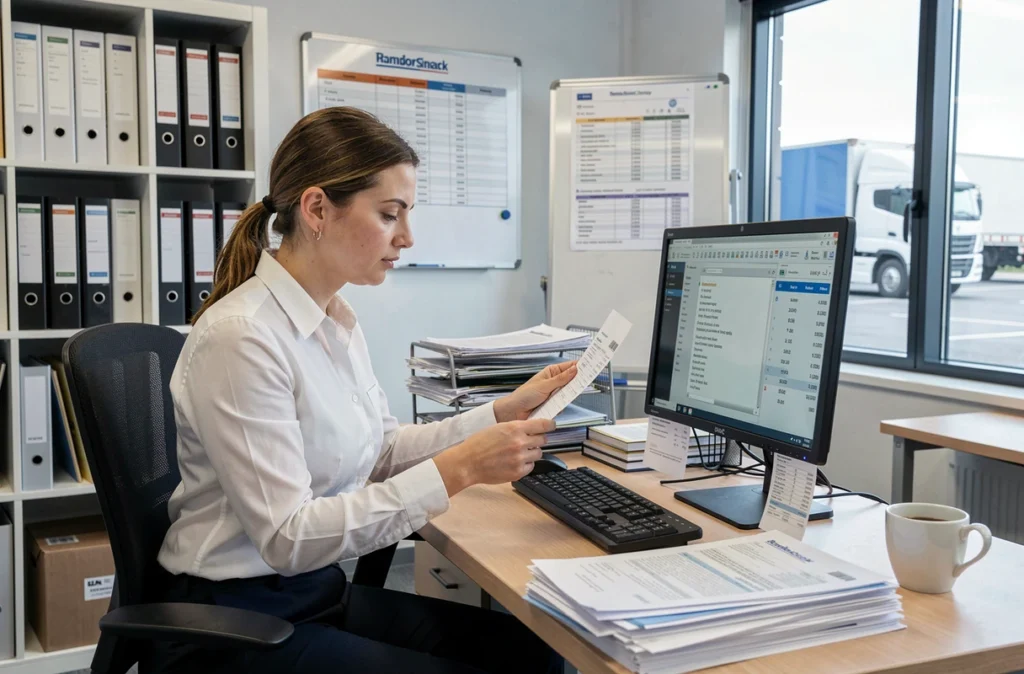 Responsable administrative vérifiant la conformité d'un bulletin de paie de chauffeur routier dans un bureau de transport