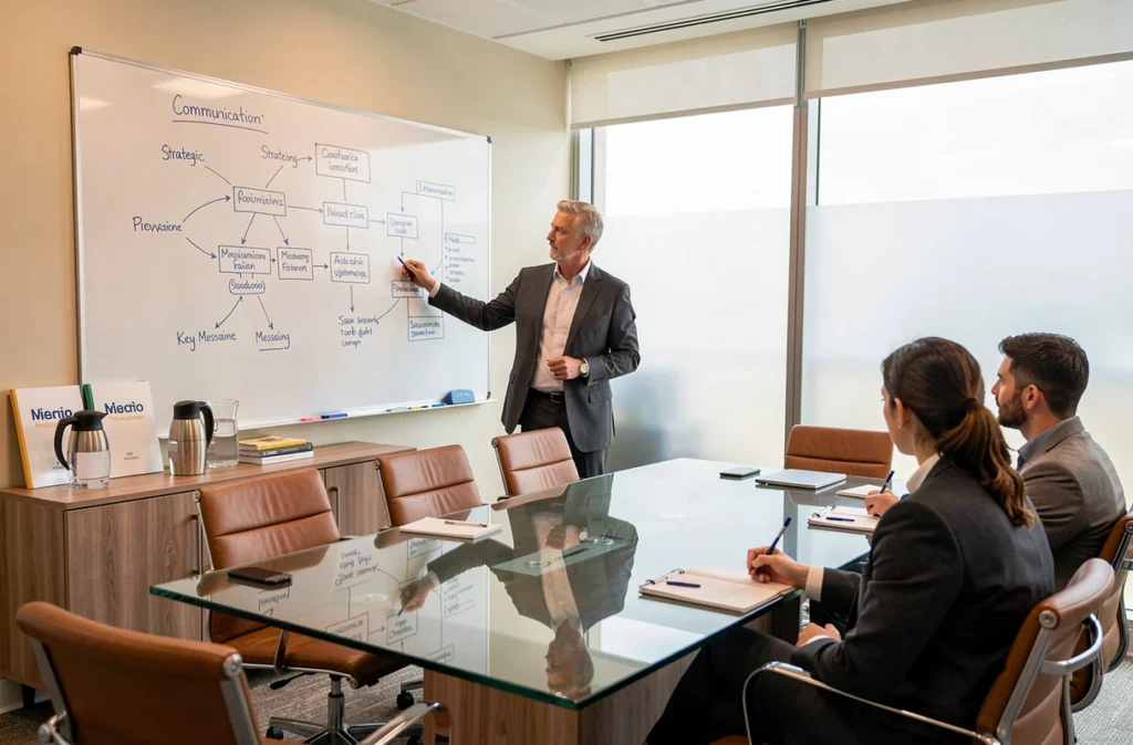 Consultant senior de l'agence VO présentant un plan de stratégie de communication sur un tableau blanc en salle de réunion